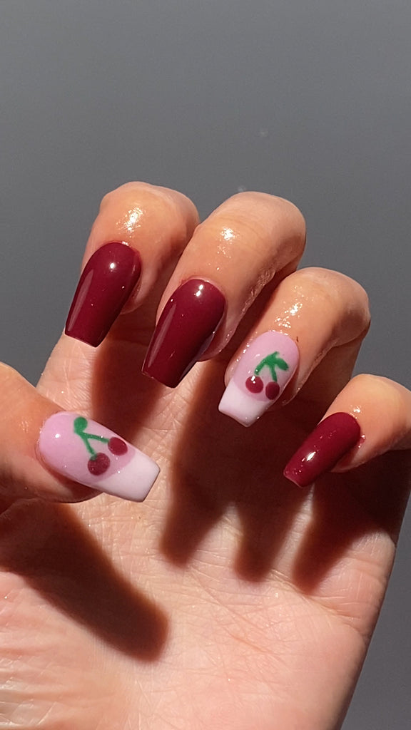 Burgundy Bliss Cherry Charm Dip Nails