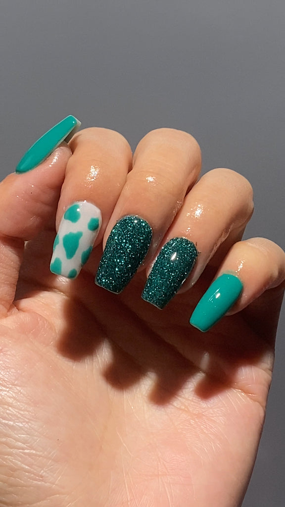 Teal Aurora Cow Print Dipping Nails